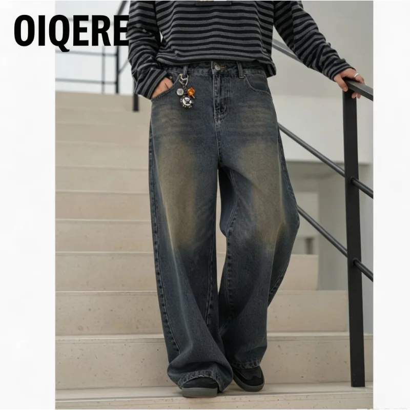 OIQERE Men European American High Street Jeans Casual Loose Wide Leg Straight Leg Slim Fit Denim Long Pants