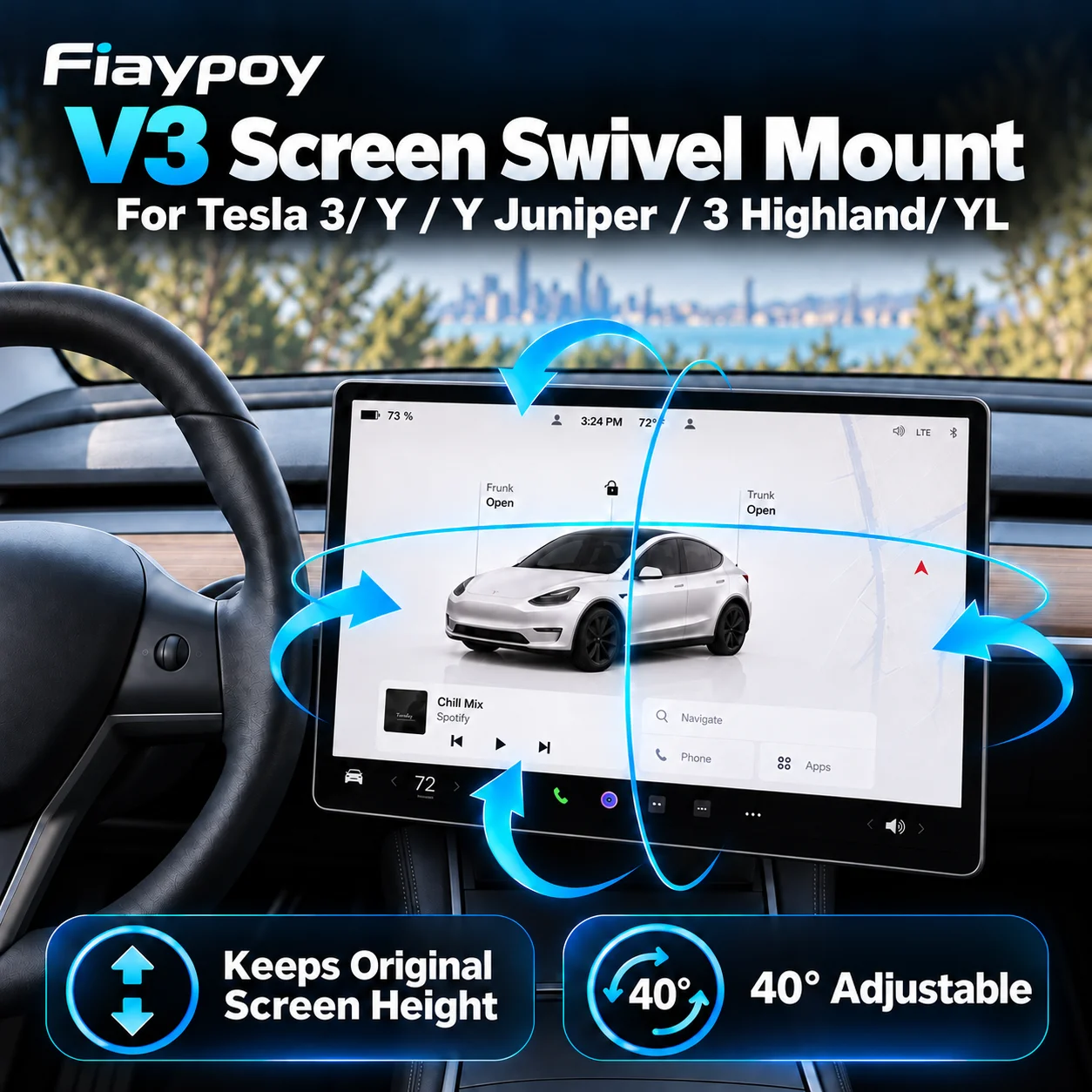 V3 Screen Swivel Mount for Tesla Model 3/Y / 3 Highland / Y Juniper YL 40 Degree 4-Way Adjustable Original Height Aluminum Alloy