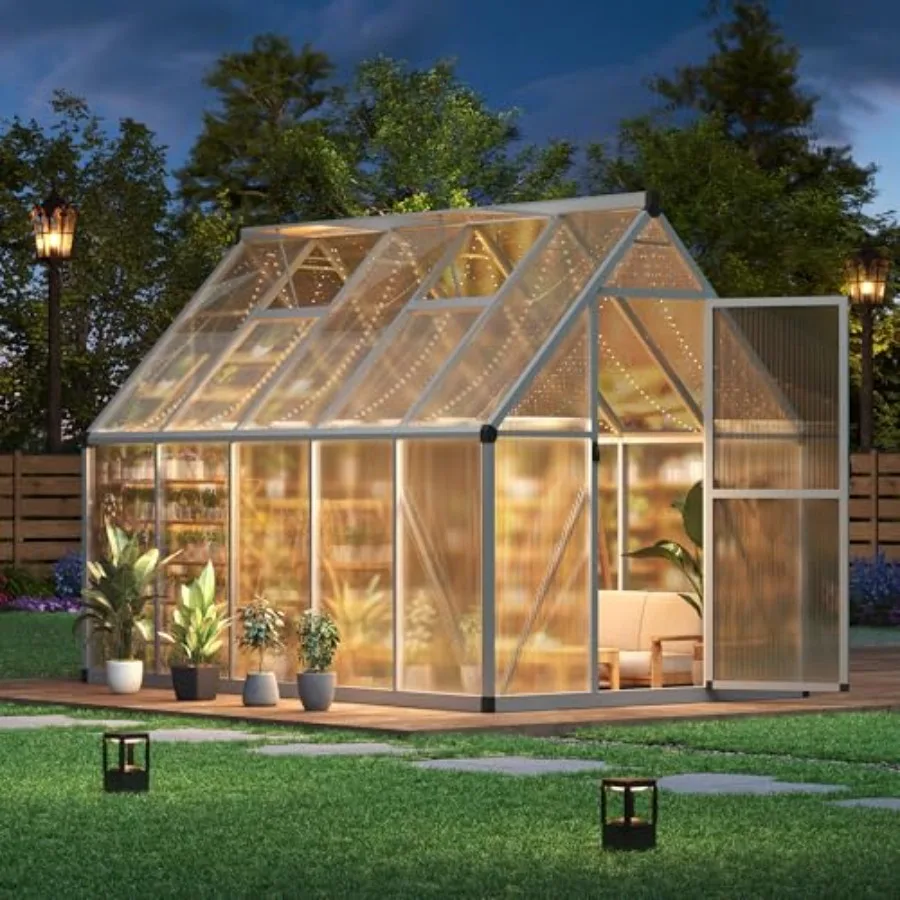 Outdoor greenhouse for garden planting, polycarbonate panels with enhanced aluminum frame, silver color, 6×9 feet walk-in size,