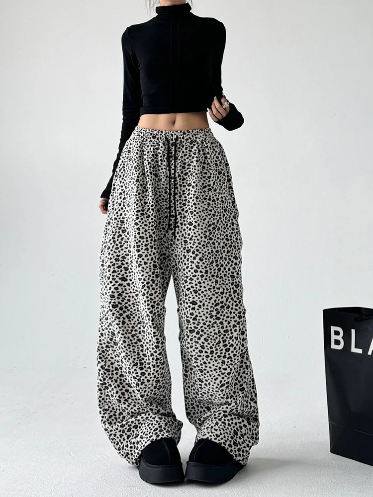

Off Retro Wide Leg Pants Women's Casual Loose Fit Belted Waist Leopard Print Autumn Winter Long Floor Length Trousers