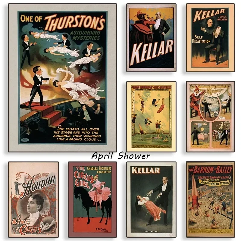 Vintage Circus Magician Kellar Clown Posters Canvas Wall Art Prints for Bar Cafe Room Home Decor Unique Whitepaper Design
