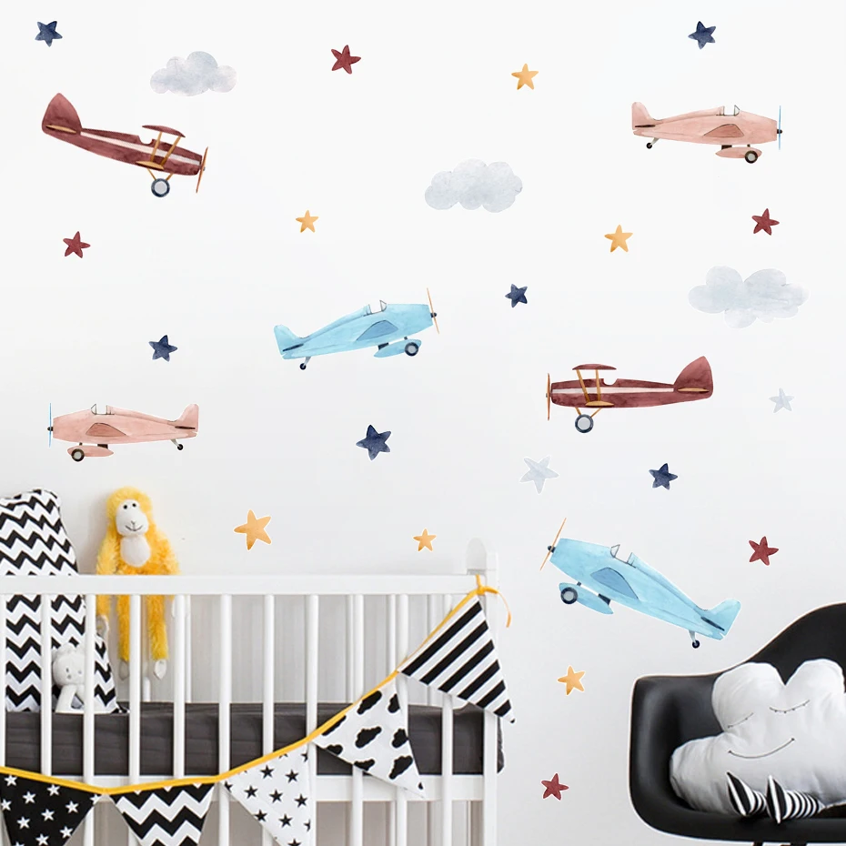 Cartoon Car Balloon Stars Nursery Sticker Watercolor Removable Children Poster DIY Wall Decals Art Print Kids Bedroom Home Decor