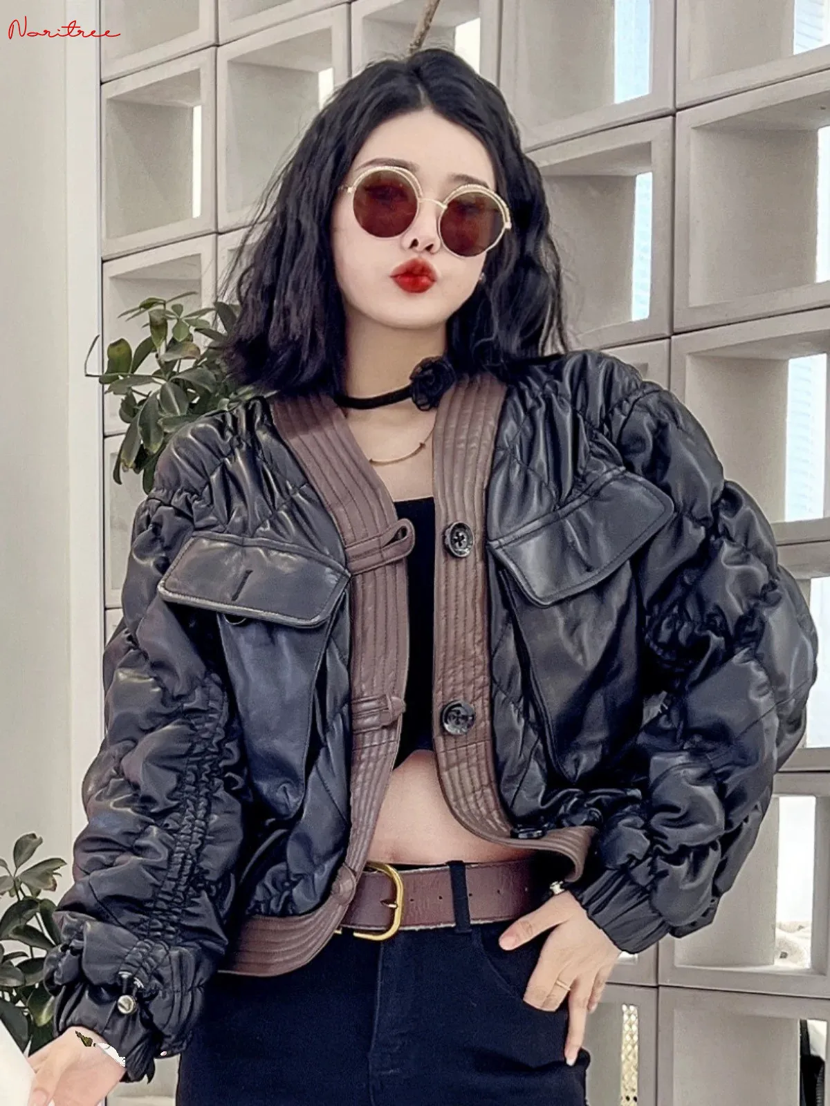 Soft Real Leather Jacekts Cotton coats Natural Sheep Leather outerwear Female Fashion Bubbles Design Real Leather Jackets wy2080