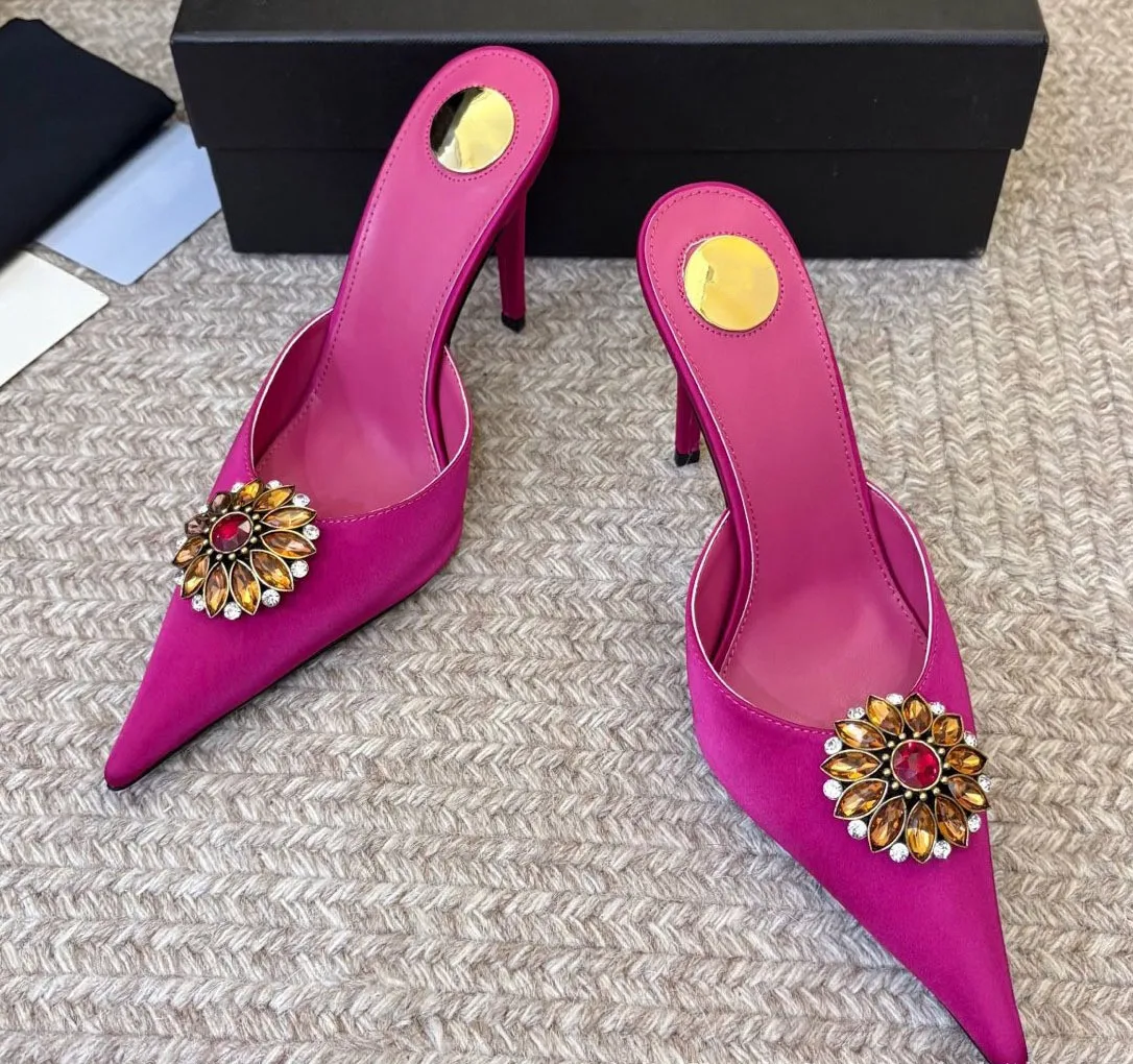 Women's New Satin Pointed Toe Toe Water Diamond High Heels Slippers Party Wedding High Heels Women's Sandals