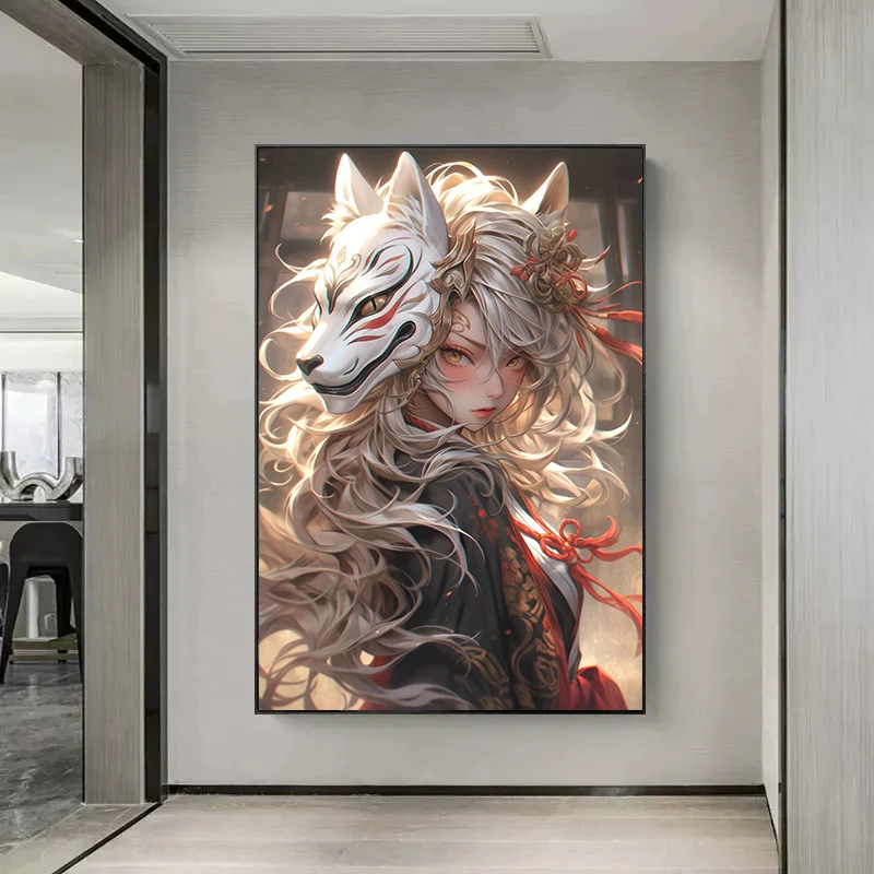 ملصقات ومطبوعات أنيمي يابانية حديثة ، قناع الثعلب ، فتاة لطيفة ، طباعة ، فن جداري ، صورة لغرفة المعيشة ، ديكور المنزل ، كاواي