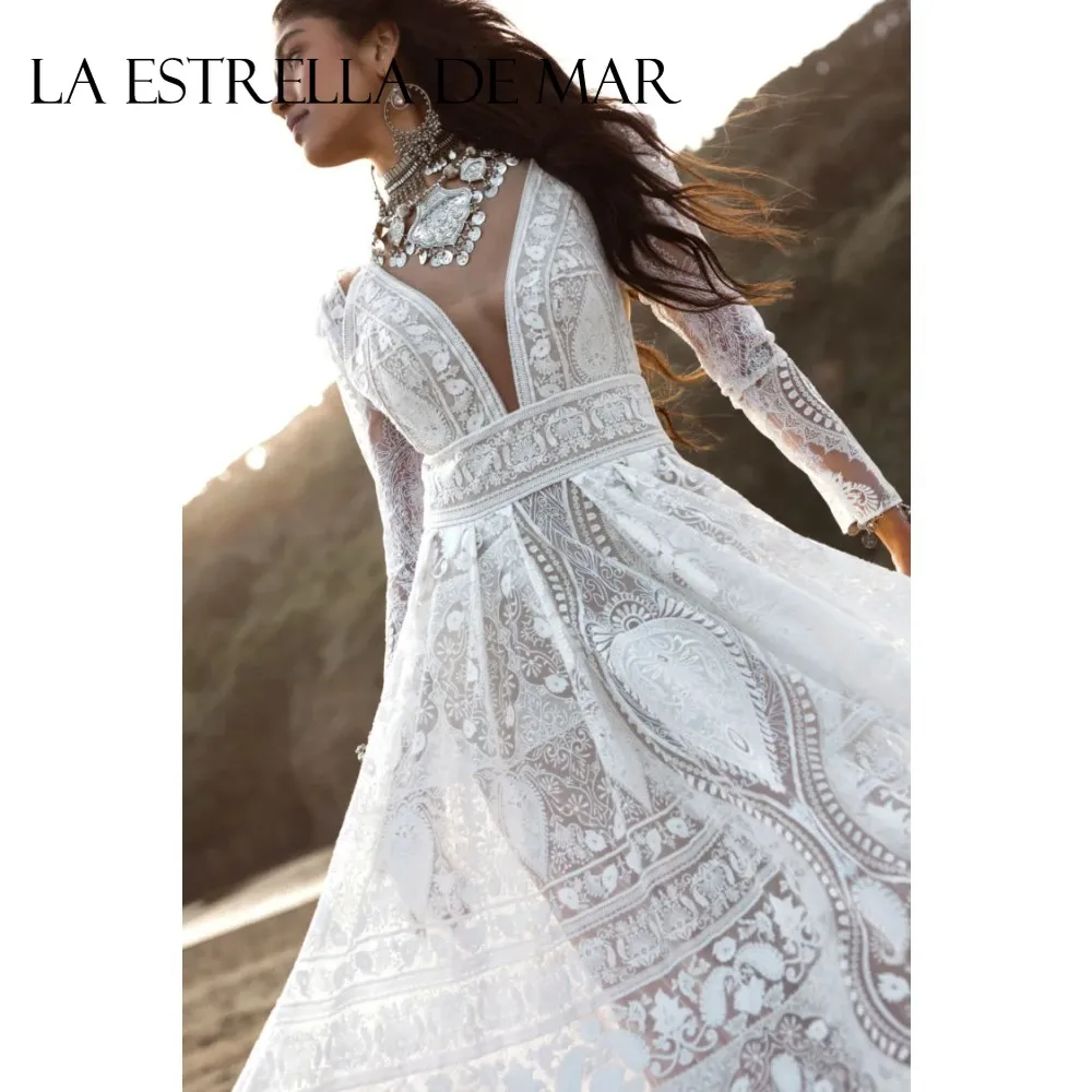 Bohemian Lace Wedding Dress Long Puff Sleeve Deep V Neck Open Back A‑Line Bridal Gown Court Train Vestido De Novia Custom Made