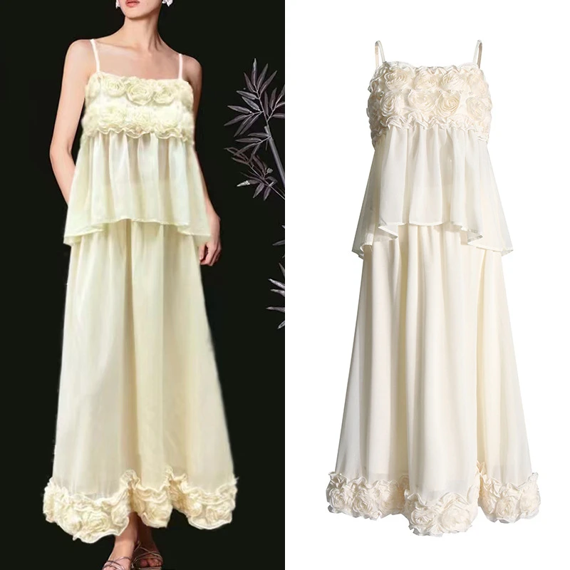 

Fresh And Sweet Summer New Strap 3D Flower Decoration Strap Top+Mid Waist High Waist Skirt Solid Color Two Piece Set For Women