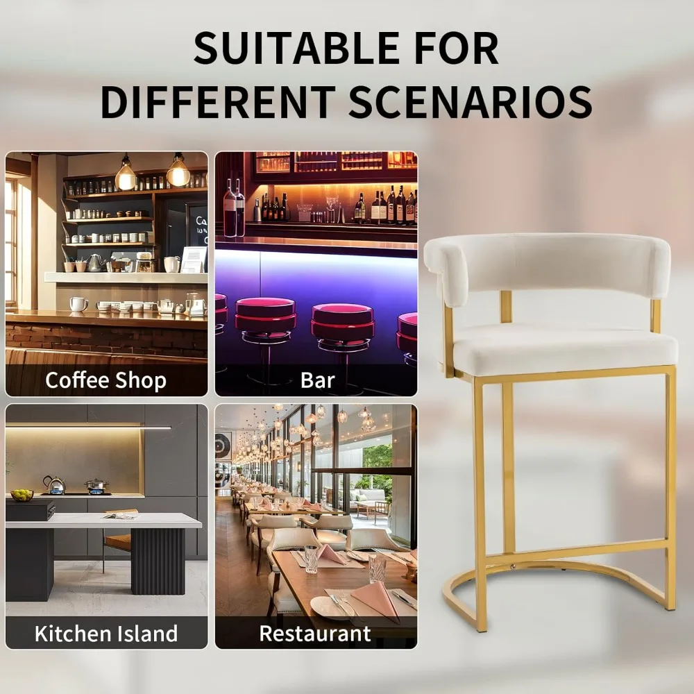 Par de bancos de bar de veludo bege com encosto de cano, assentos estofados, apoios para os pés dourados - 25,6 altura do assento