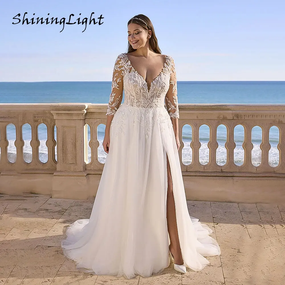 

ShiningLight Boho White Wedding Dress with Split V-Neck Half Sleeve Lace Appliques A-Line Tulle Bridal Gown Plus Size Customized