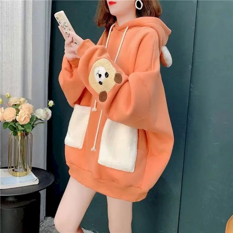 

Fashion Hoodies Women Cute Bear Mid-length Hooded Coats Spring Autumn Trend Loose Oversized Hoodie Aesthetic Tops Y2k Clothes