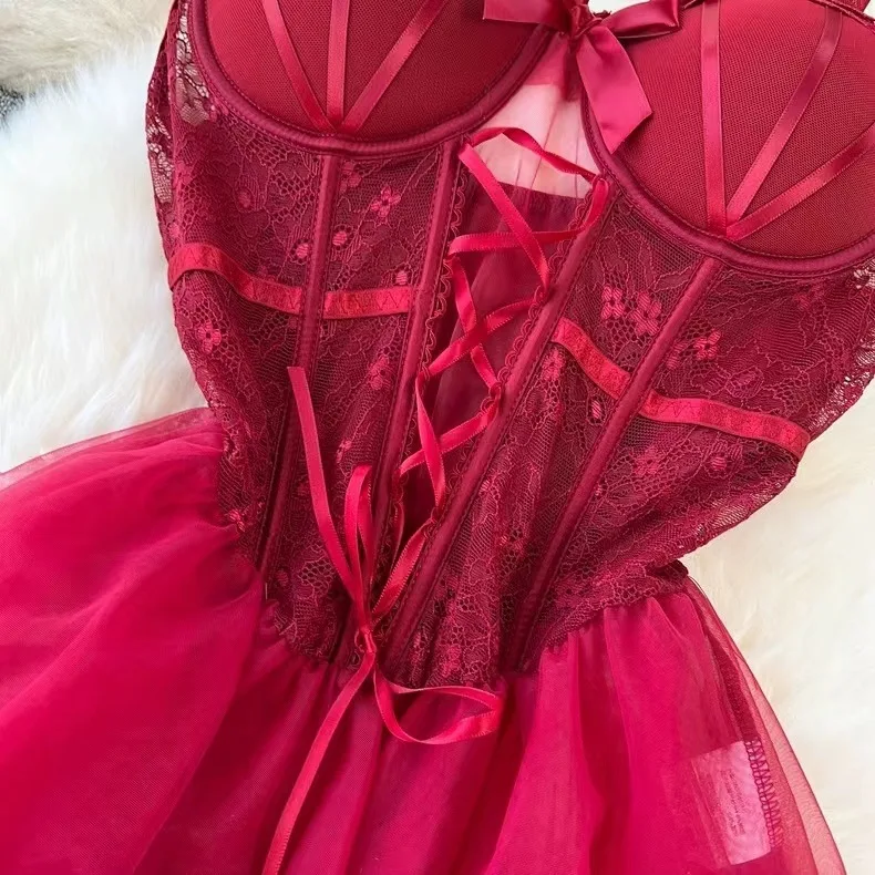 Red Lingerie Sexy Sleepwear Senior Sheer Lace Sensual Nightwear Women Strap Transparent Backless Mini Dressmesh Nightgown