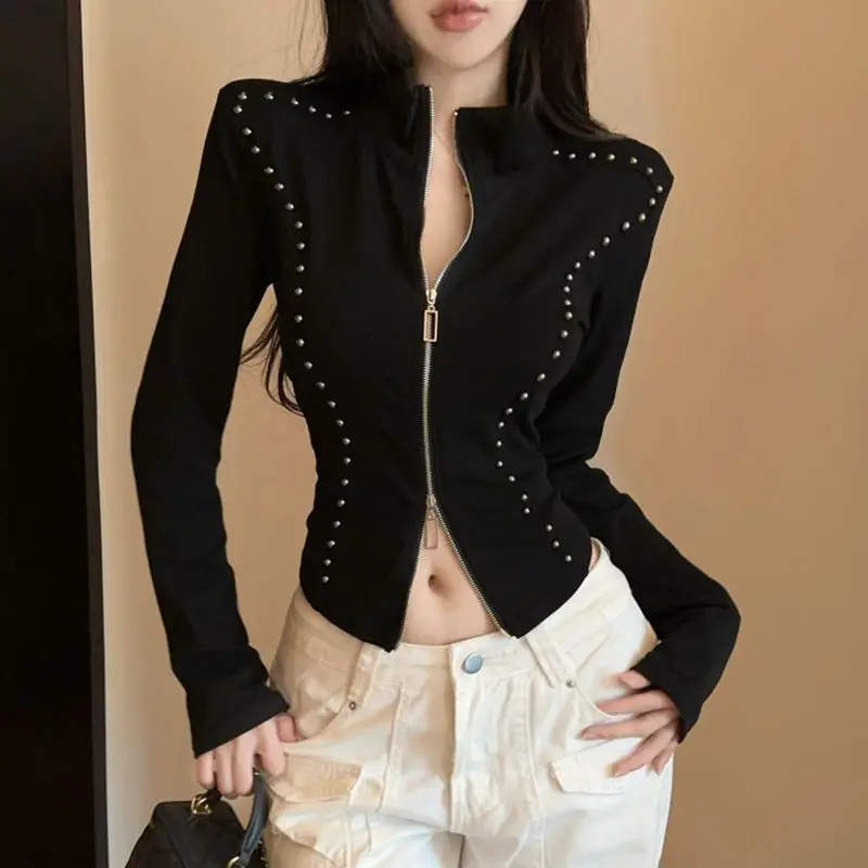 2025 Autumn Winter New Fashionable Zipper Half Height Collar Long Sleeve T-Shirts Women Clothing Trend Slim Solid Color Top Tee
