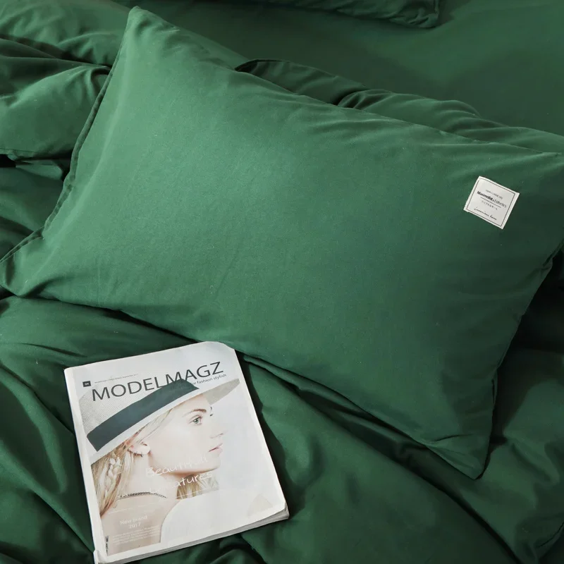 Solstice Home Textile Solid Color Dark Green Bedding Sets Kids Teenage Bedlinen Queen Duvet Cover Pillow Cases Flat Bed Sheet