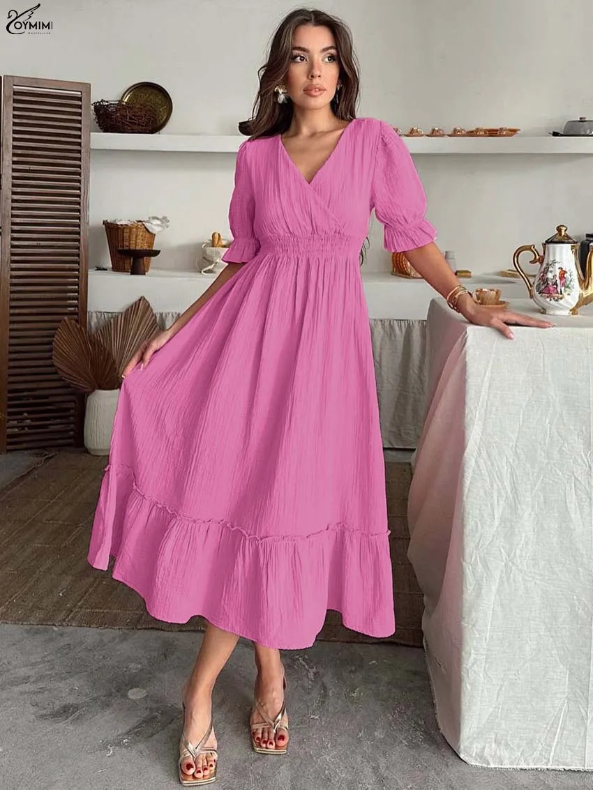 

Oymimi Casual Pink Cotton Dresses 2025 Woman Elegant V-Neck Short Sleeve High Waist Dresses Autumn Loose Ruffled Mid-Calf Dress