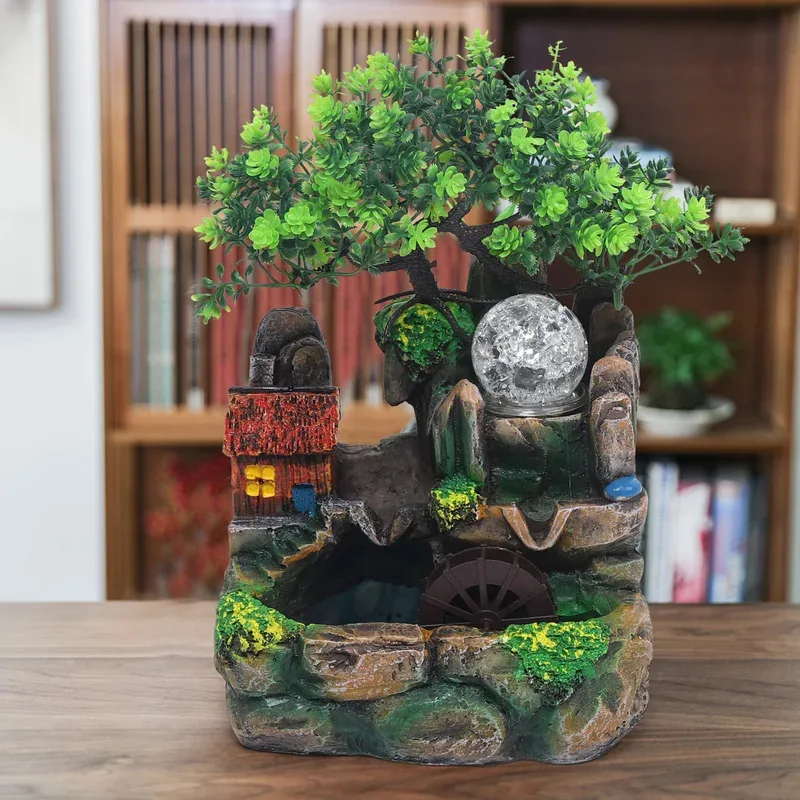 Table Waterfall Rock Room With Atomizer&LED Ball Garden Fountain RGB LED Lighting Green Plant