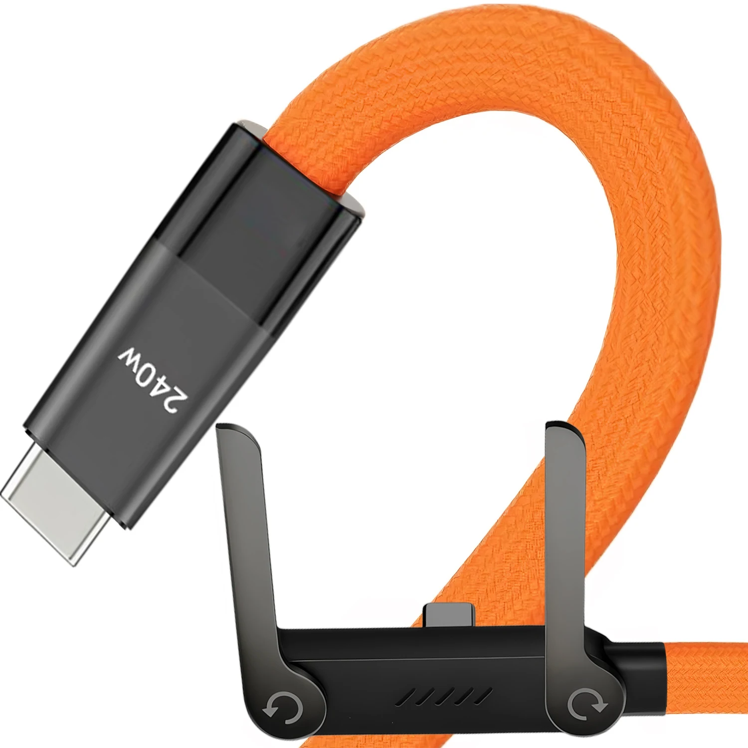Cabo de Dados Dobrável 2 em 1 Preto/Laranja 240W com Carregamento Rápido, Tipo-C para Tipo-C, USB OTG e Suporte para Celular/Tablet