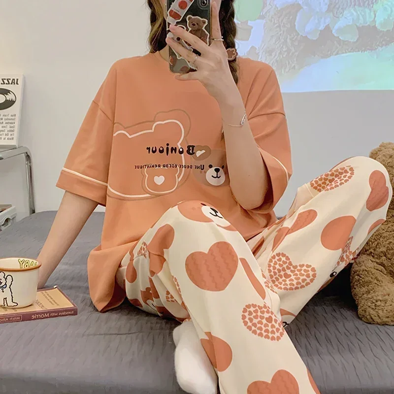 

New Pajama Cartoon Cotton Pajamas for Women Summer Short Sleeved Long Pants Sleepwear Korean Fashion Rabbit Print Home Clothing