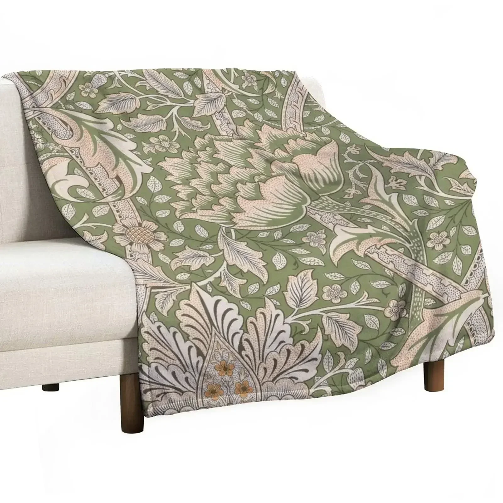 

William Morris Sage Green Windrush floral Leaves Vintage Pattern -Victorian Botanical Designs, Throw Blanket Retros Blankets