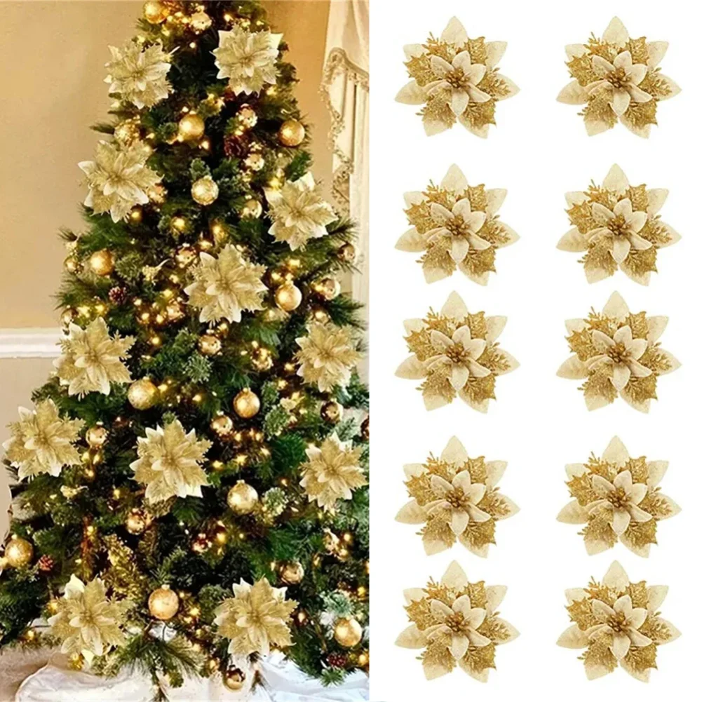 

15pcs 14.5cm Christmas Flower Ornaments,Pink,Red,Gold,Glitter Artifical Flowers For Christmas Tree,Xmas Decoration For Home
