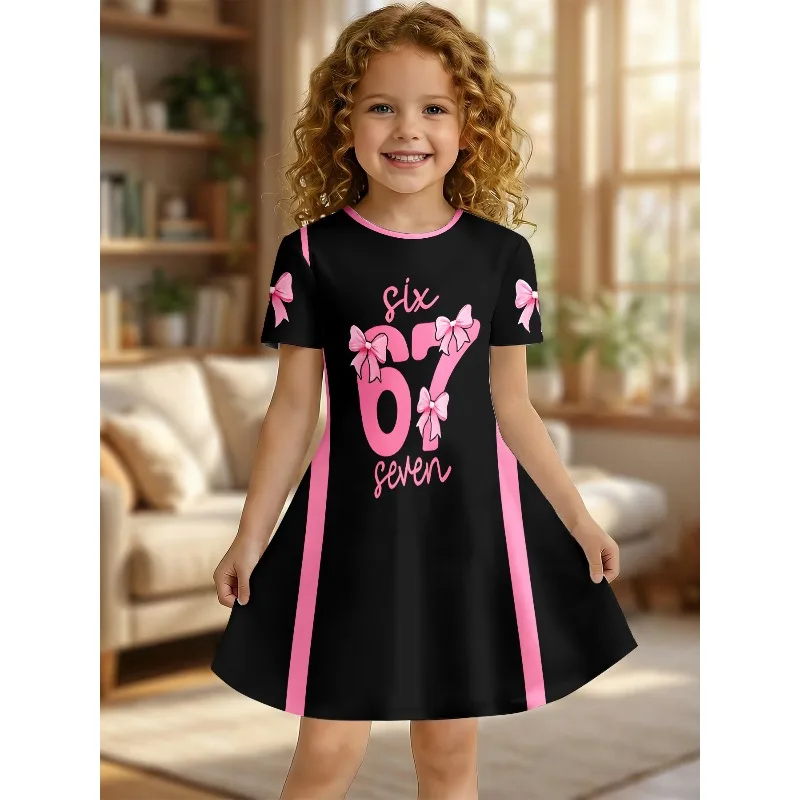 Mädchenkleid mit rosa Schleifenmuster für 6 oder 7 Jahre, schwarzes Freizeit-T-Shirt-Kleid für Kinder, geeignet für Geburtstagsfeiern und als Geschenk. – Detail 3