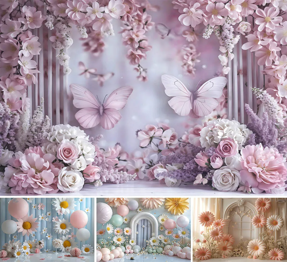 Mehofond Photography Backdrop Pink Daisy Flower Decor Dreamy Purple Butterfly for Girl Birthday Party Cake Smash Background Prop