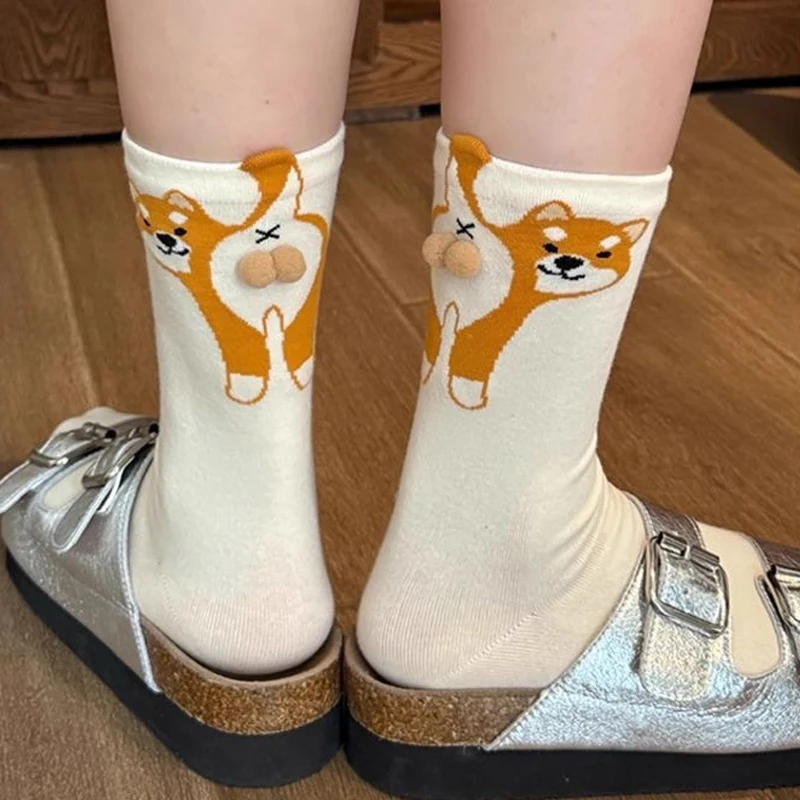 

Хлопковые носки с милым принтом собаки для женщин и девочек, кавайные средние дышащие теплые уютные носки на осень-зиму, креативные подарки для любителей животных