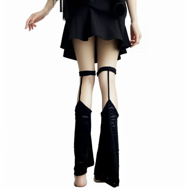 Novelty Halter Leg Warmers For Women Solid Black Broken Fabric Flare Socks Hollow Out Harajuku Dance Gothic Hosiery 2025 Spring