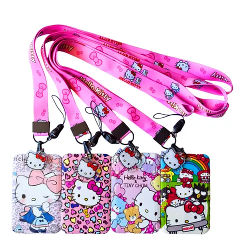 Hello Kitty ID Card Holders Lanyards Girls Door Card Case Hanging Rope Women Badge Holder Neck Strap Business Card Gift