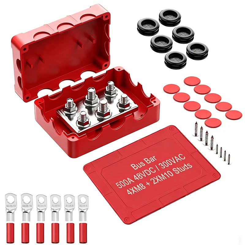 500A Bus Bar Waterproof Power Distribution Block with 4*M8+2*M10 Studs 48V DC Automotive Marine Battery