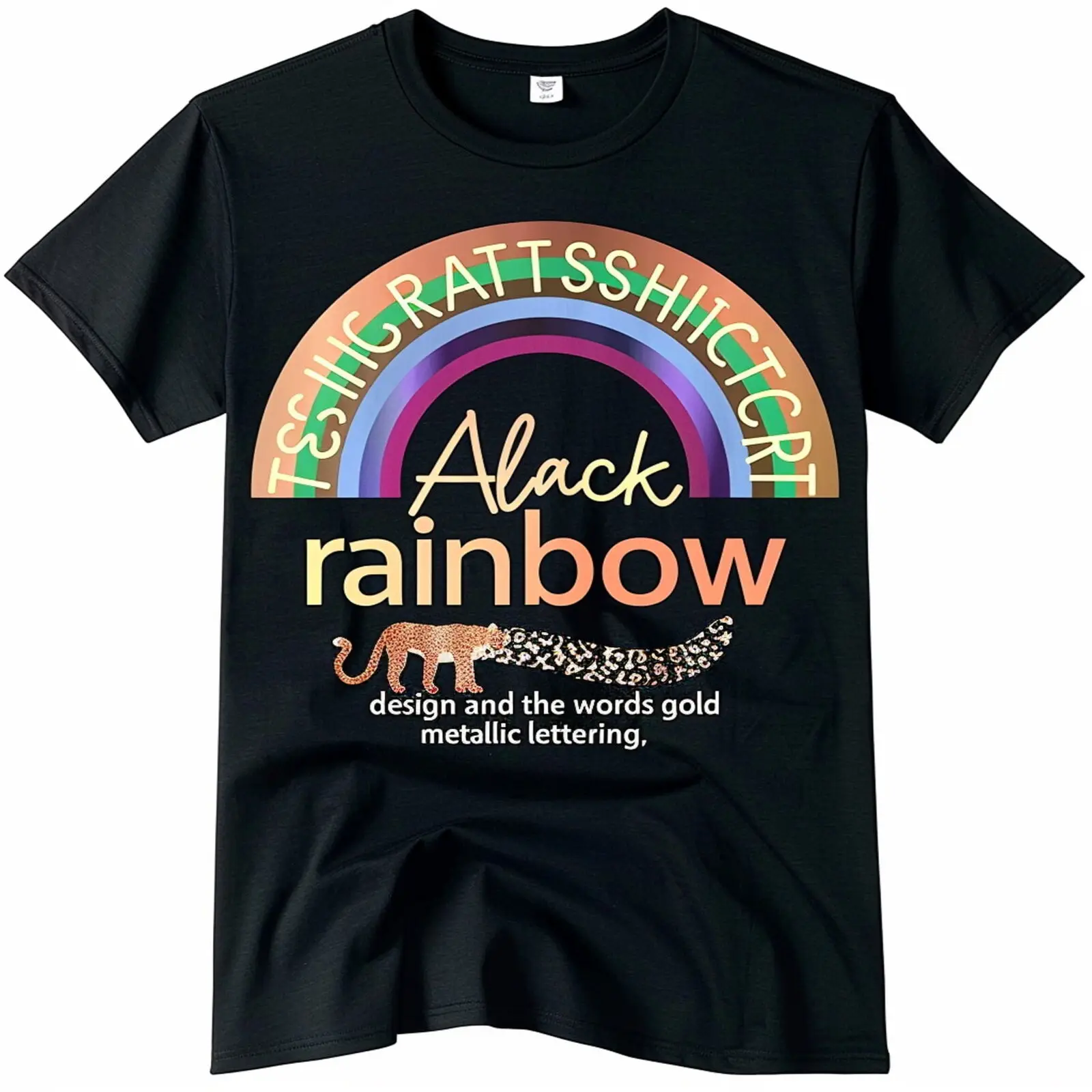 Stylish Black TShirts: Leopard Print Rainbow Design Metallic Lettering