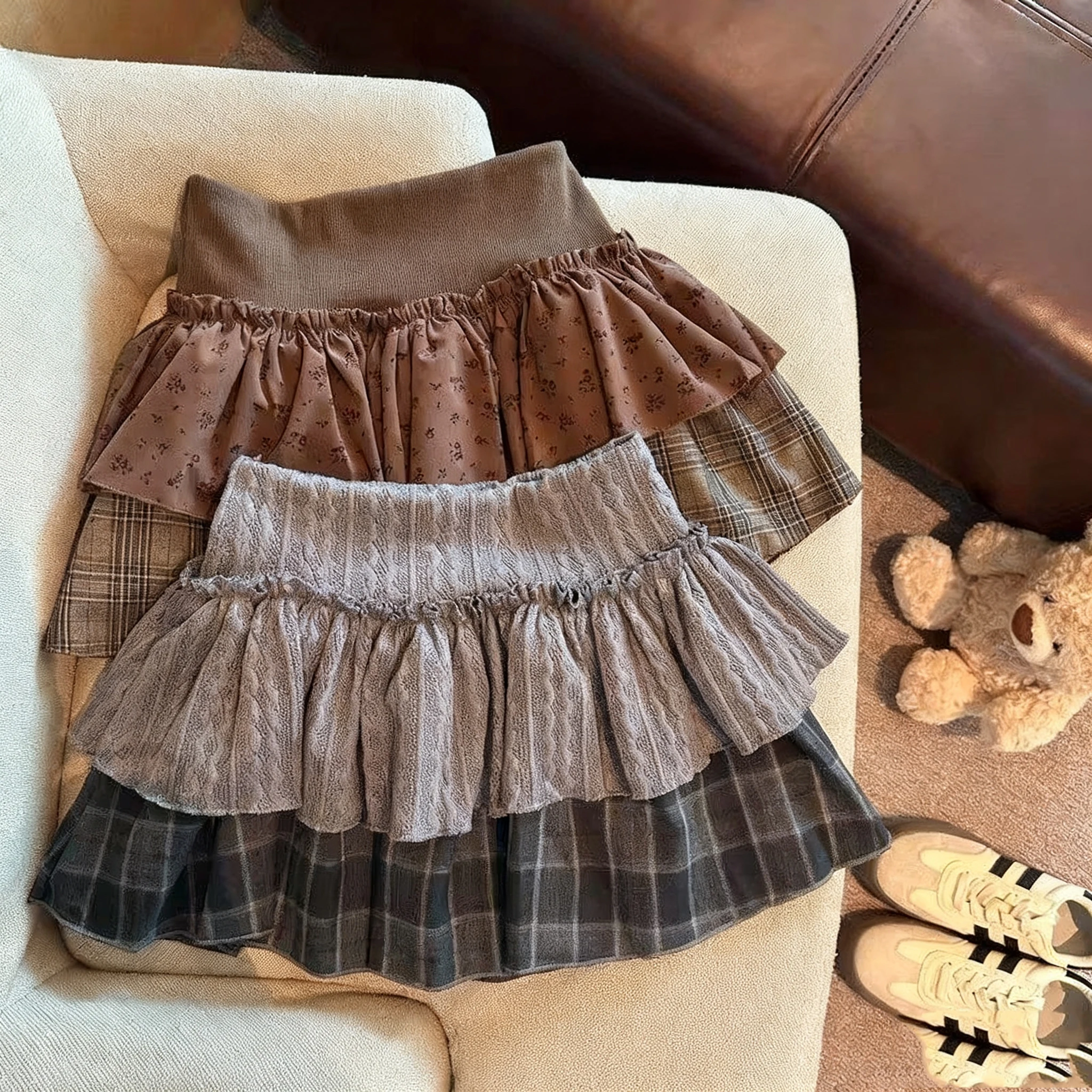 Autumn Winter Women's Sweet Lolita Mini Skirt - Lace & Plaid Layered Ruffle High Waist Skirt Vintage Casual Fashion Flared Skirt