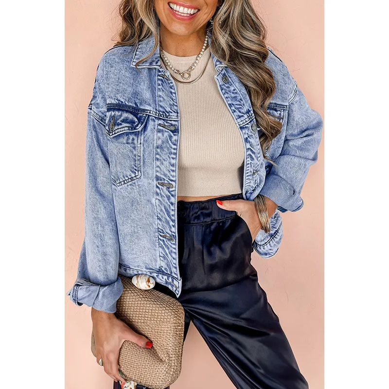 Women's Solid Color Denim Jacket Autumn Fashion Trend Multi-Pocket Long Sleeve European American Style Women's Outerwear