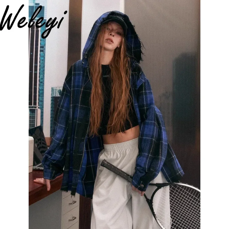 

American Vintage Plaid Hooded Tops Autumn Fashion Long Sleeve Sharpened Camisas Mujer Loose High Street Blockbuster Shirt Jacket