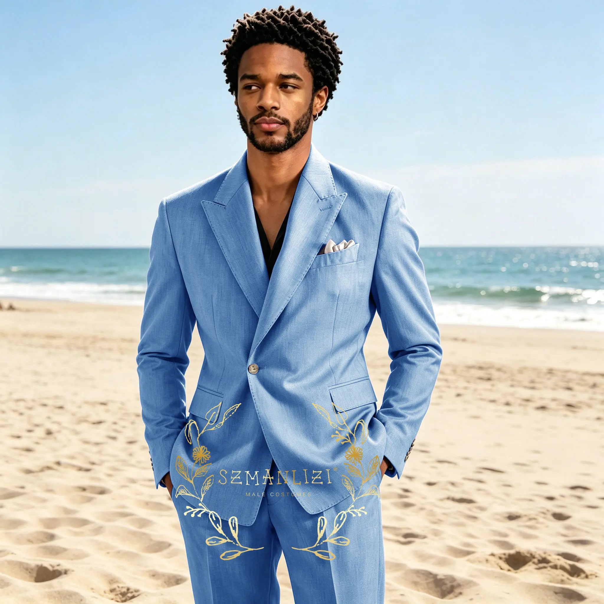 

2 Piece Linen Summer Men Suits for Wedding Groom Tuxedos Double Breasted Casual Beach Custom Men Suit Set Jacket Pants Best Man