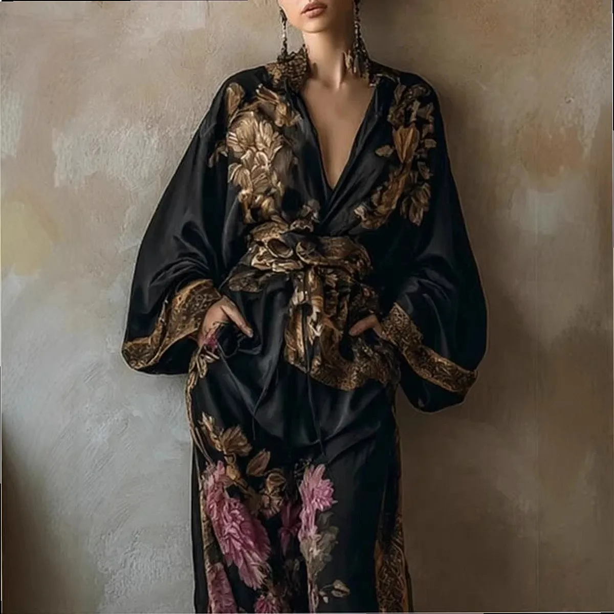 Deep V Print Blouse Top Wide Leg Pants Matching Set Summer Spring Retro Loose Tie