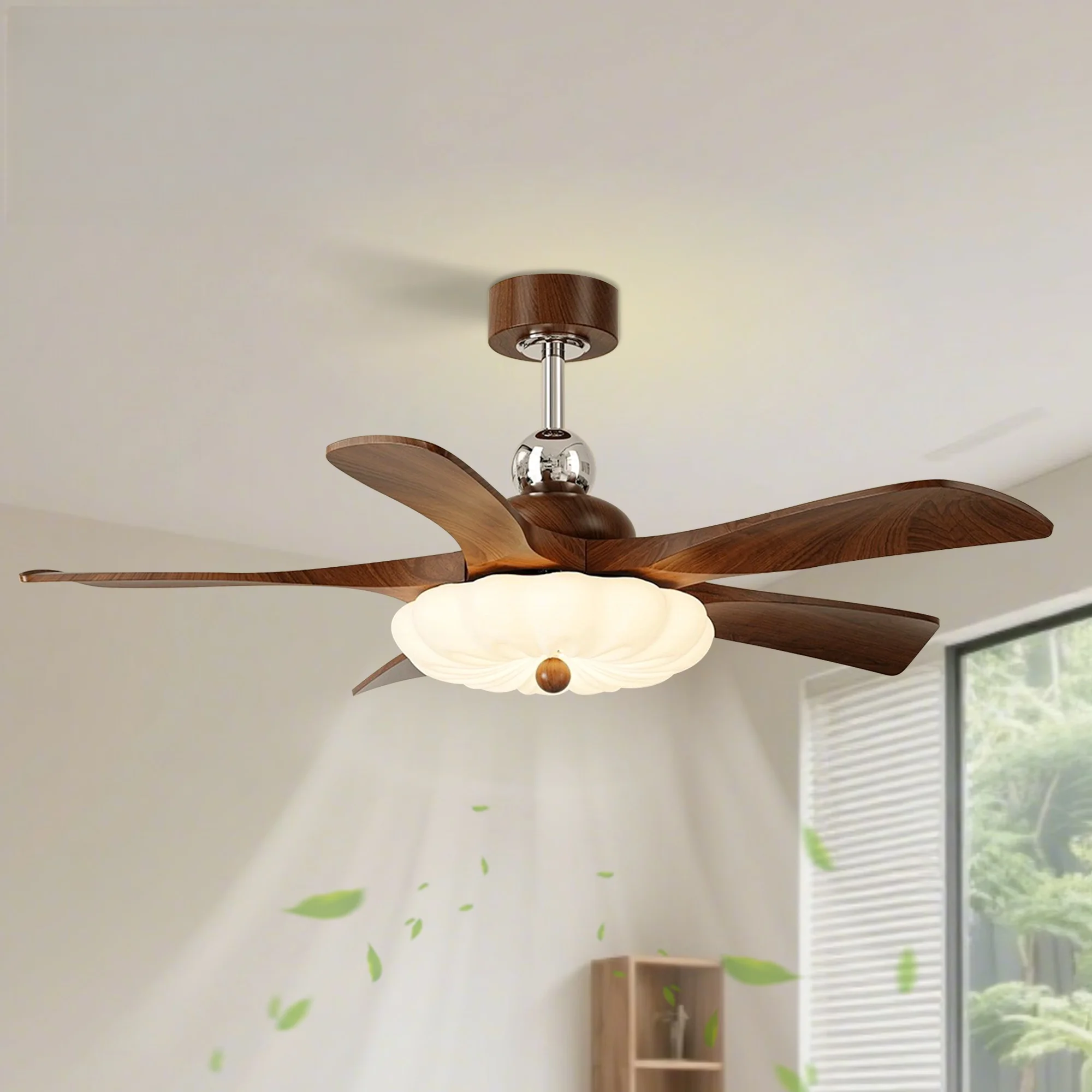 New Chinese Style Straight Blade Ceiling Fan Light Walnut Bronze Finish Silent LED Lamp for Bedroom Living Dining Indoor Home