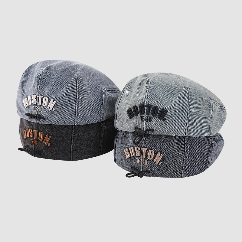 

BOSTON Embroidery Kids Denim Beret Fashion Solid Color Spring Autumn Boy Girl Sun Hats For Kids Outdoor Adjustable Forward Hats