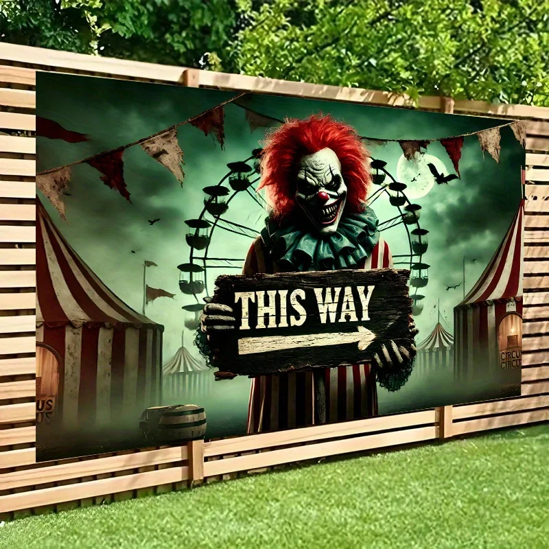 La bandera de fondo del circo payaso terrificante presenta murciélagos y un patrón de luna llena y es decorado para fiestas de Halloween.