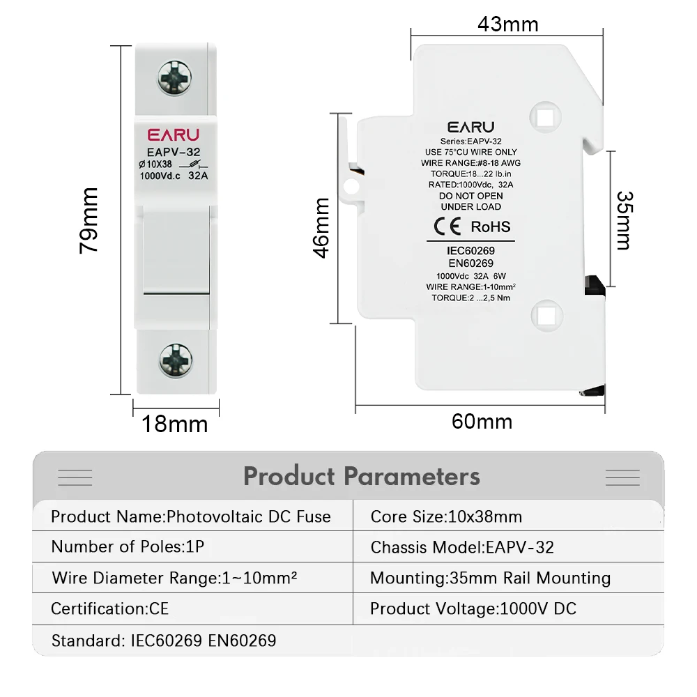 1P Din Rail Solar PV DC Fuse Holders suitable for 10*38mm DC PV Fuse Link for Solar Photovoltaic System Protection Protector