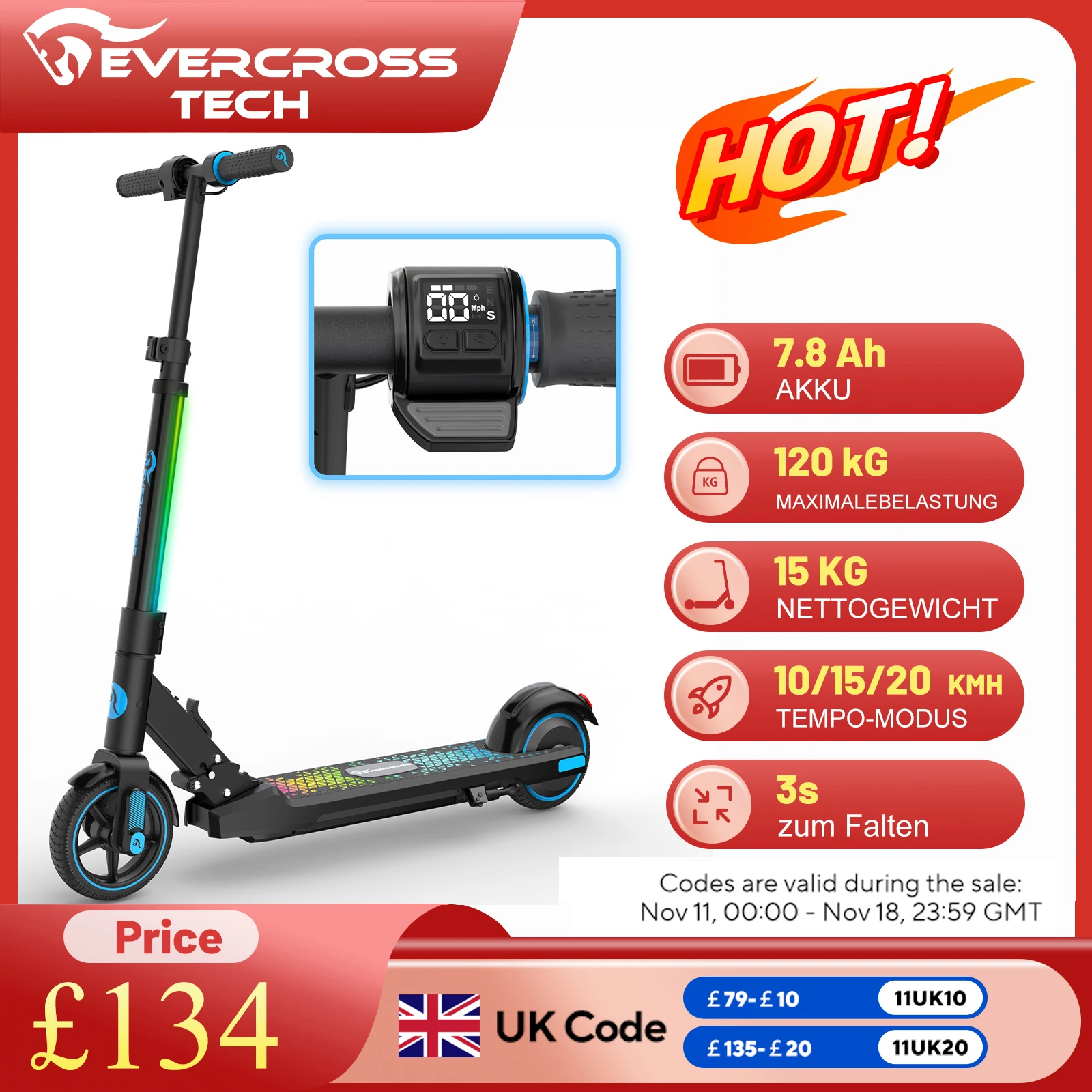 EVERCROSS TECH EV06C Electric Scooter, 6.5'' Foldable E-Scooter for Kids Ages 6-12, Up to 15 km/h & 8 km, LED Display