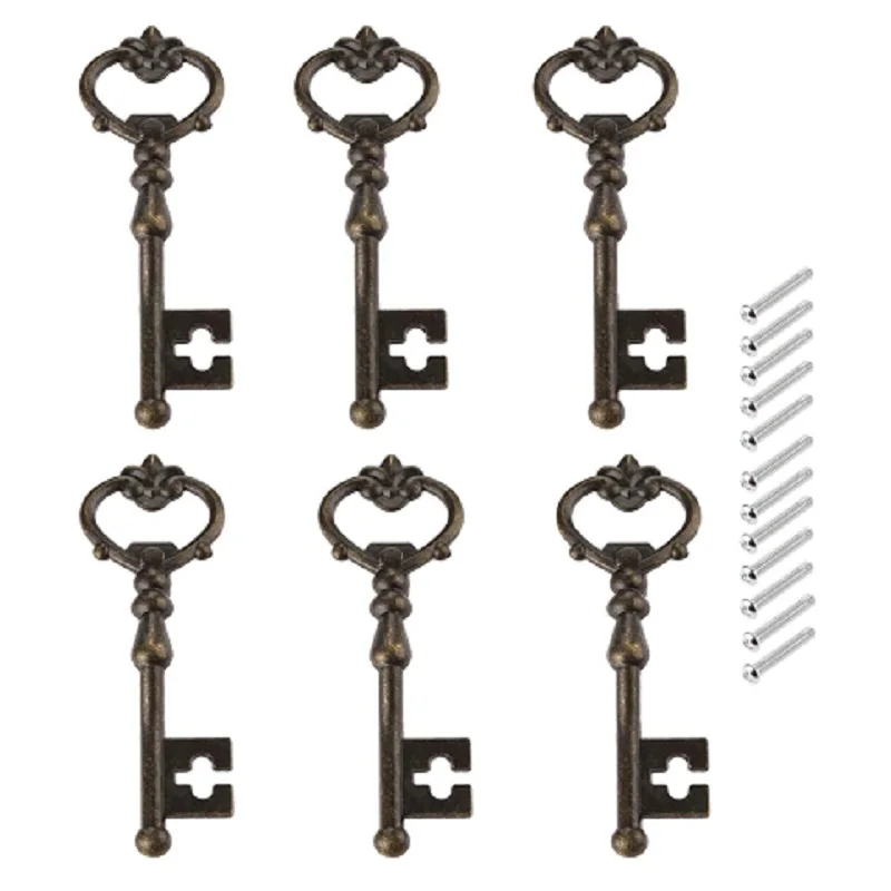 6Pcs Key Shape Pull Handles with 12pcs Screws Farmhouse Knobs Decorative Zinc Alloy Cabinet Pulls for Kitchen Wardrobe Furniture