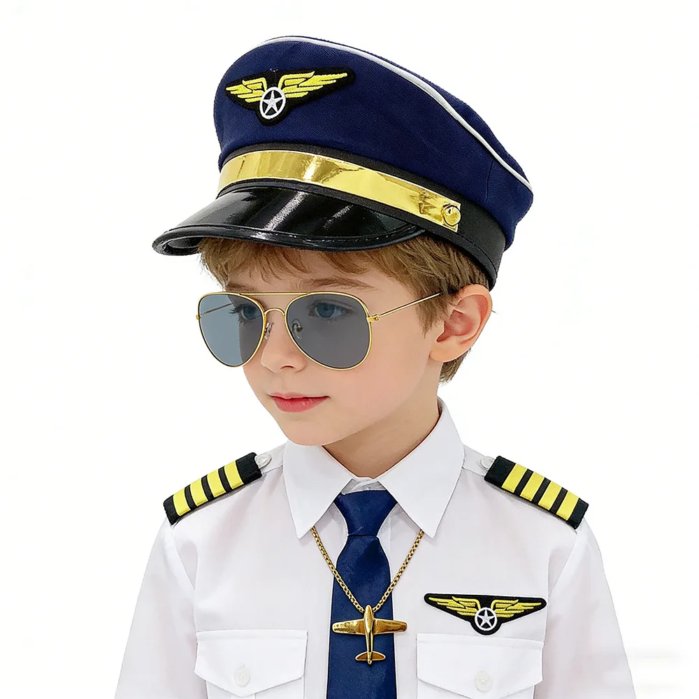 Children's Adjustable Pilot Hat Festival Party Role Playing Captain Hat Glasses Tie Badge Cosplay Accessories Set Props