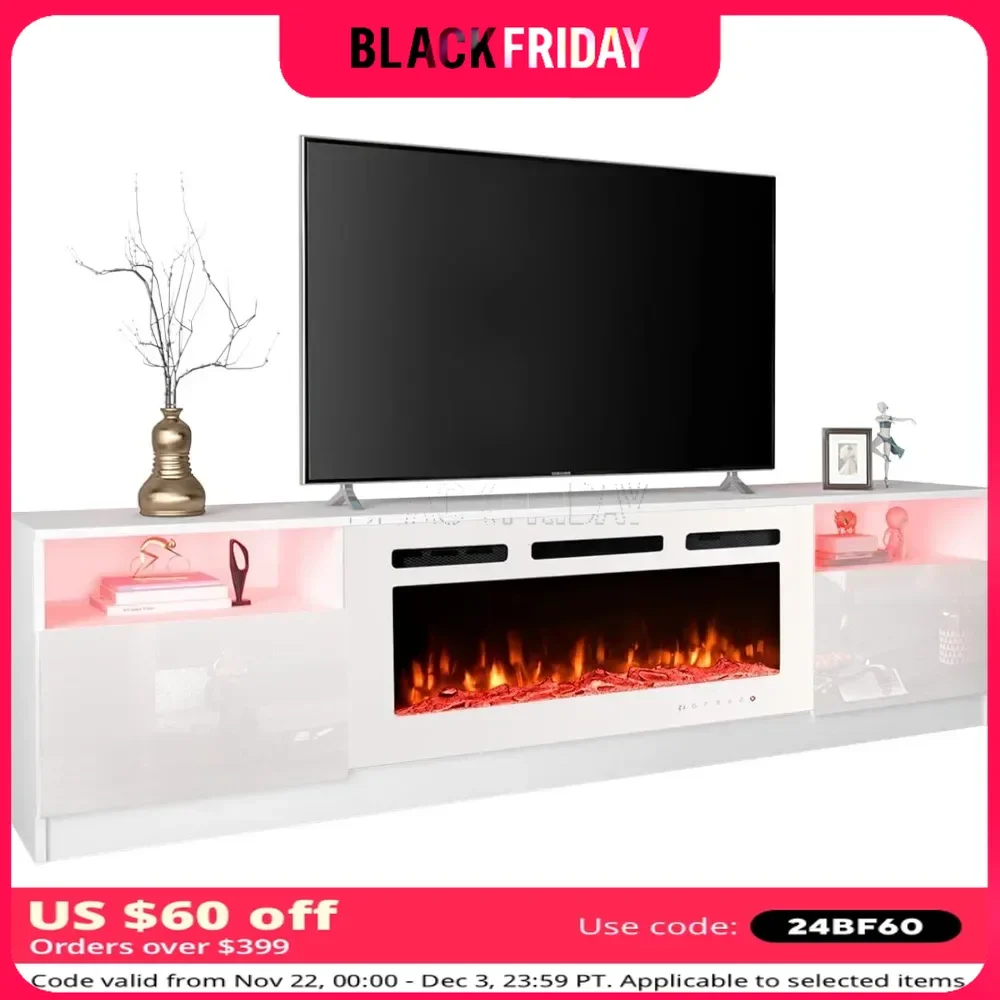 TV Stand with 40'' Electric Fireplace & 16 Color Led Lights and 12 Flame Fireplace Insert Heater, TVs Up To 90'', TV Console