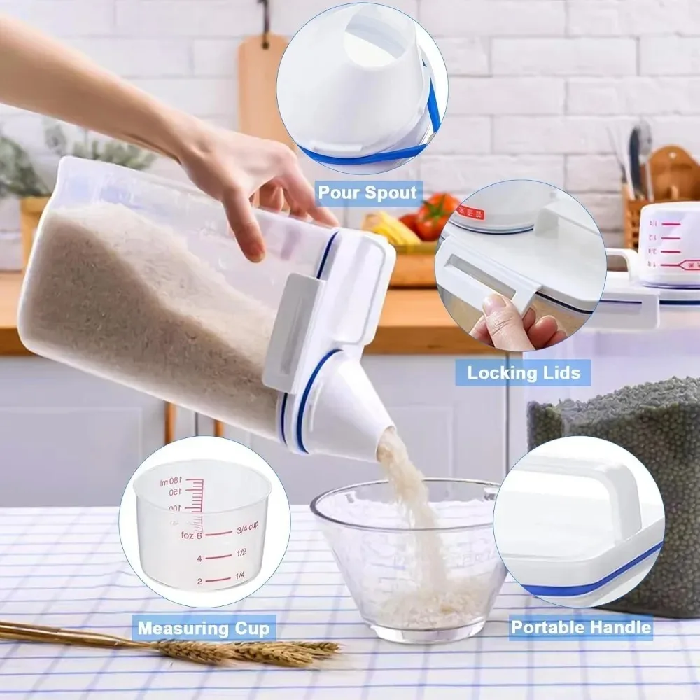 حاوية تخزين الطعام الجاف من الأرز، حاوية حفظ الطعام خالية من مادة BPA، موزع حاوية بلاستيكية محكمة الغلق مع كوب قياس الصب #3