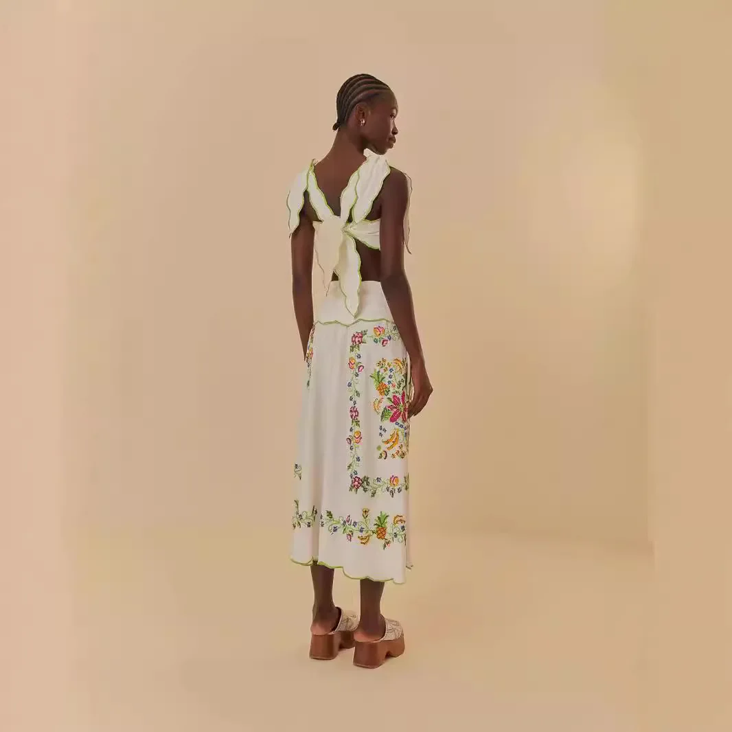 Damska sukienka midi z haftem kwiatowym, falbanką i wycięciami, dwuczęściowa, z kwadratowym dekoltem, bez rękawów, letnia sukienka w stylu boho na imprezę.