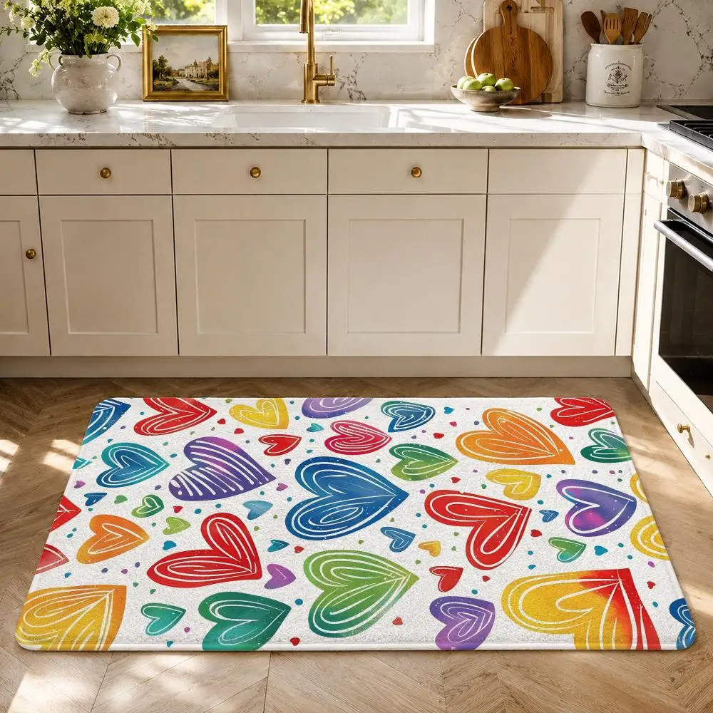 Colorful Doodle Heart Shapes Floor Mat Flannel Rug Soft Non Slip Washable Door Mat For Bathroom Bedroom Kitchen Home Decor