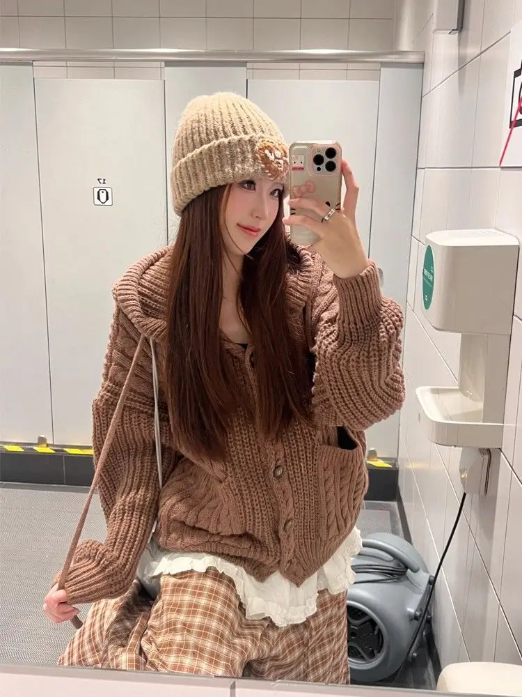 Korean Style Knitted Hooded Sweater Women Autumn Winter Loose Lazy Style Drawstring Hat Coat Female Fashion Outerwear