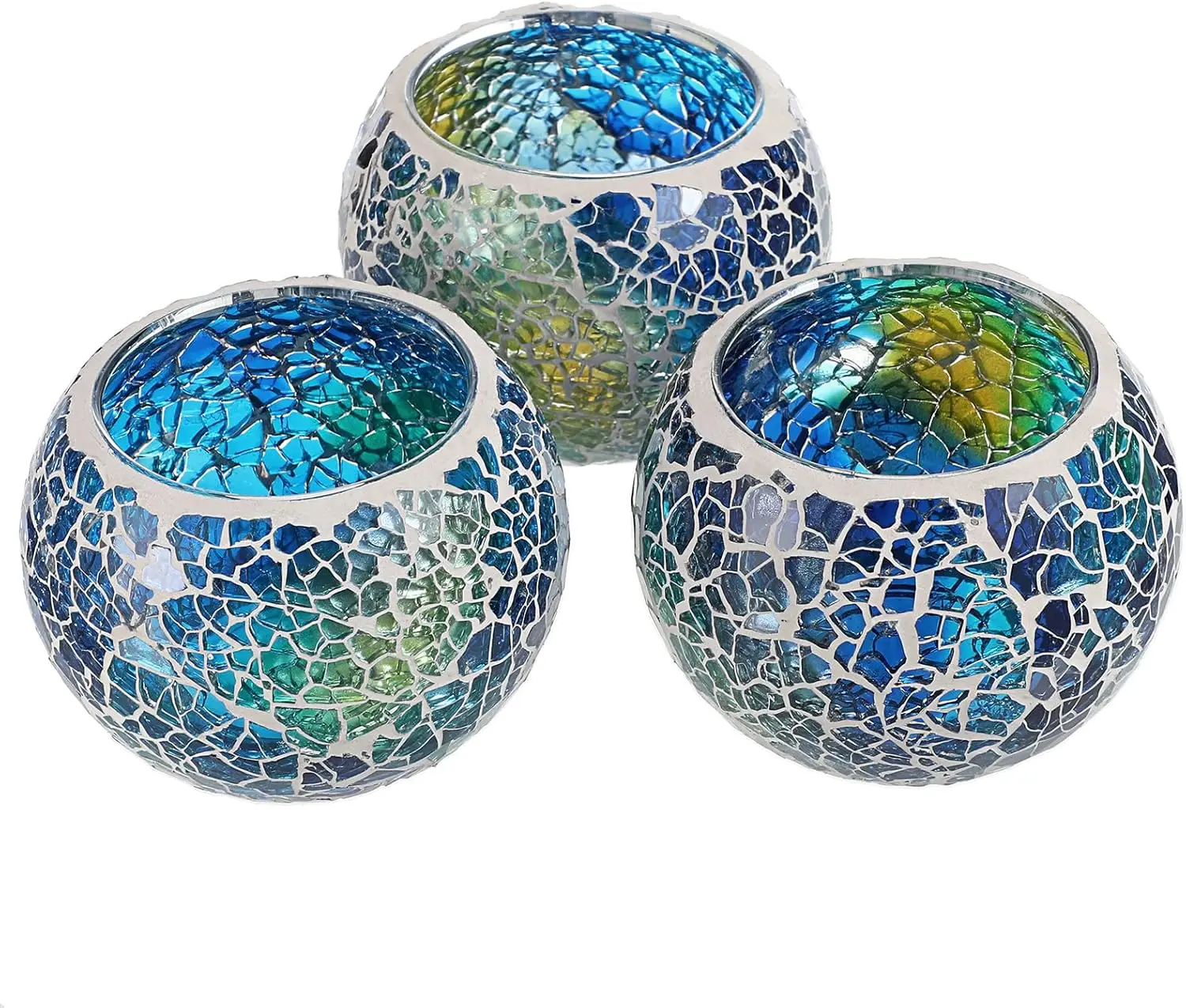 

Set of 3 Blue Mosaic Glass Tea Light Holders Round Bowl Votive Candle Stands