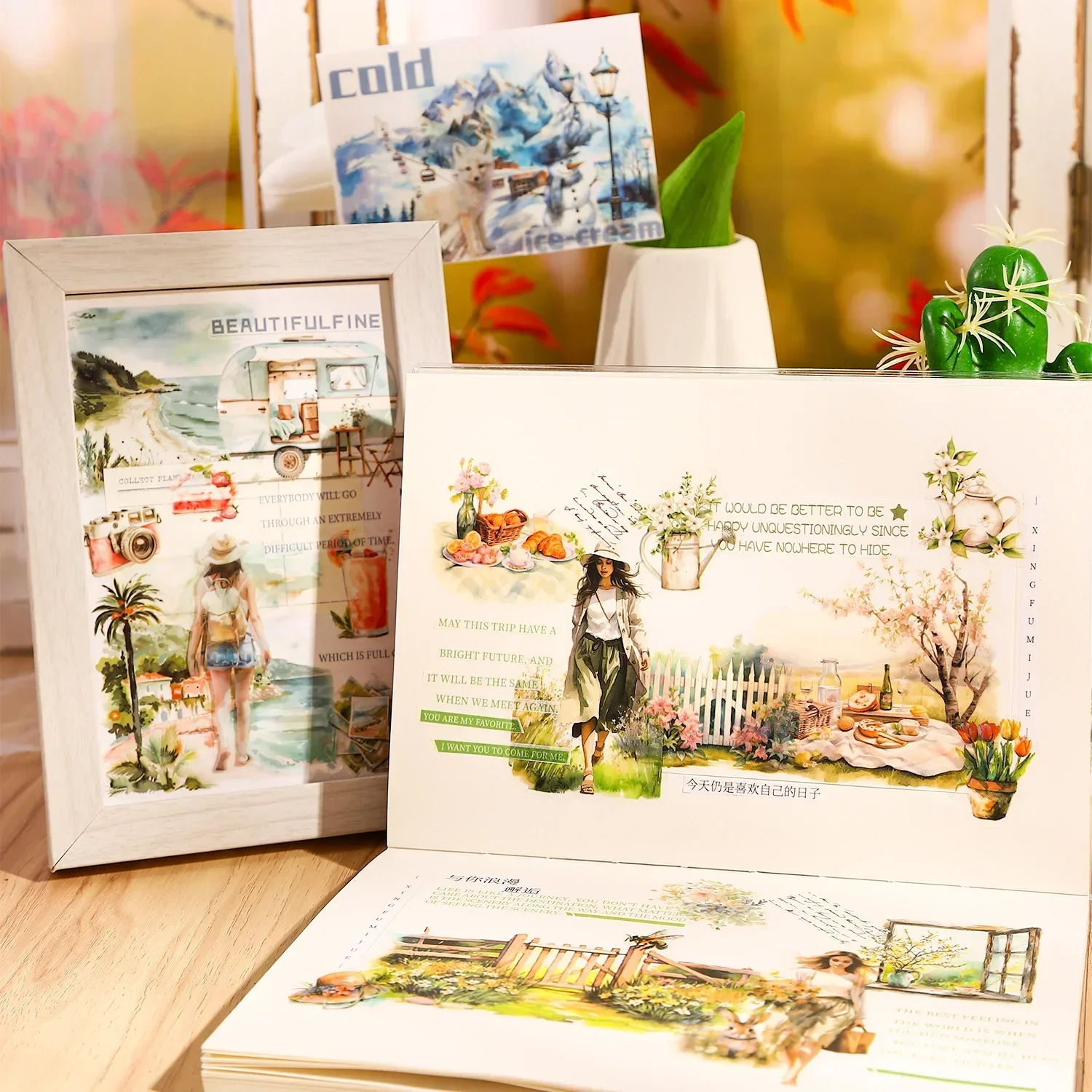 Four Seasons Journey Series Vintage Travel Character Landscaping PET Sticker Book Creative Journal Material Collage Stationery