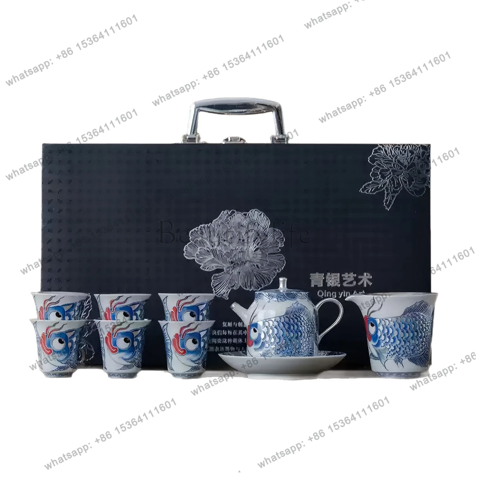 Hongyun koi gilt silver kung fu tea set ceramic tea bowl holiday gift high-end